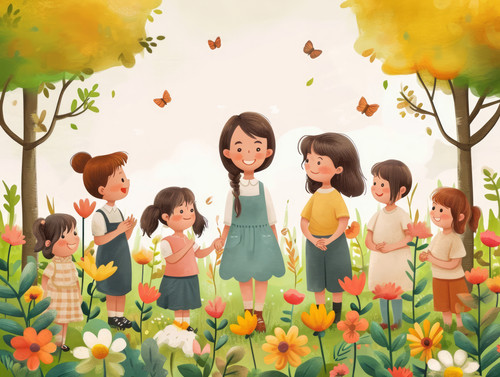 pastel colors white background isolated Children in uniform greeting happy teacher illustration ar 4.jpg