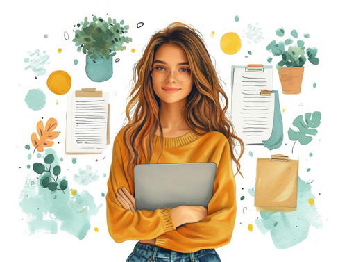 pastel colors white background isolated Busy business woman standing with laptop and clipboard and s.jpg