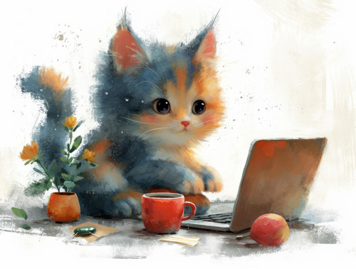 pastel colors white background isolated Cat is talking with animal friends via video conference usin.jpg