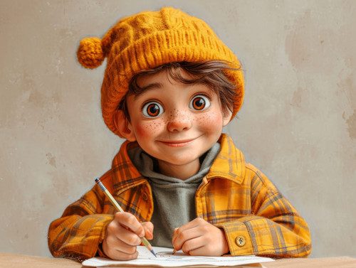 pastel colors white background isolated Cheerful man with smile draws himself with pencil demonstrat.jpg