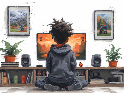 pastel colors white background isolated Child play video game on computer illustration ar 43 00079 0.jpg
