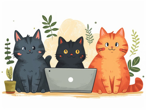 pastel colors white background isolated Cat is talking with animal friends via video conference usin.jpg