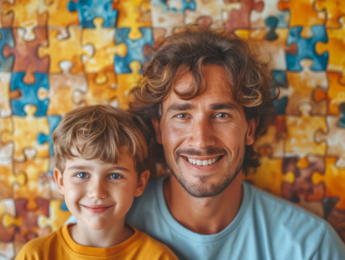 pastel colors white background isolated Caring father gives piece of himself in form puzzle to son f.jpg