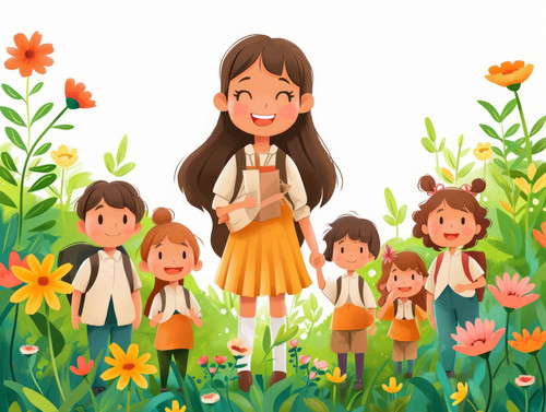 pastel colors white background isolated Children in uniform greeting happy teacher illustration ar 4.jpg