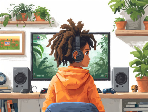 pastel colors white background isolated Child play video game on computer illustration ar 43 00079 0.jpg
