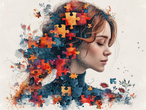 pastel colors white background isolated Collapse of personality of woman consisting of puzzles and s.jpg
