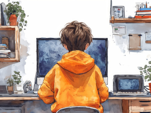 pastel colors white background isolated Child play video game on computer illustration ar 43 00079 0.jpg