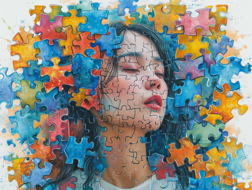 pastel colors white background isolated Collapse of personality of woman consisting of puzzles and s.jpg