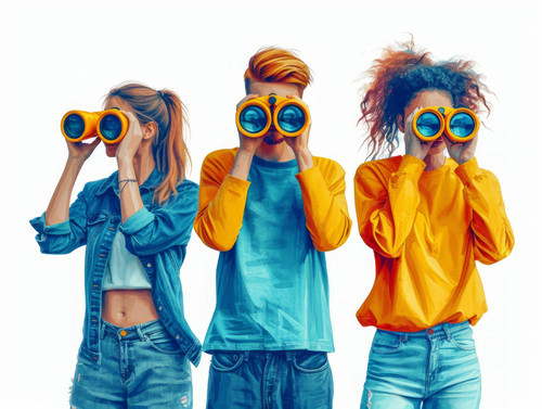 pastel colors white background isolated Business men and women with binocular look around for concep.jpg