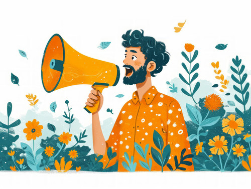 pastel colors white background isolated Business man with megaphone in hand to announce important ch.jpg