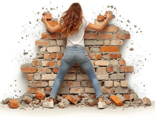 pastel colors white background isolated Business woman breaks bricks with hand demonstrating skills .jpg
