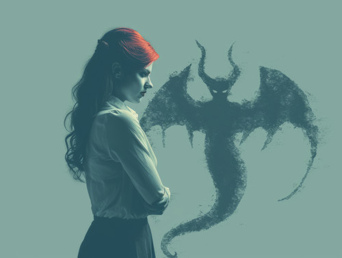 pastel colors white background isolated Business woman casting devil shadow standing with crossed ar.jpg