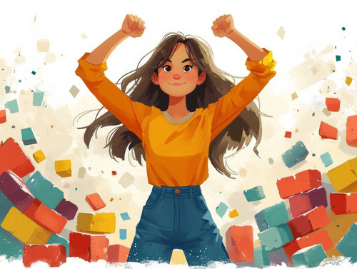 pastel colors white background isolated Business woman breaks bricks with hand demonstrating skills .jpg
