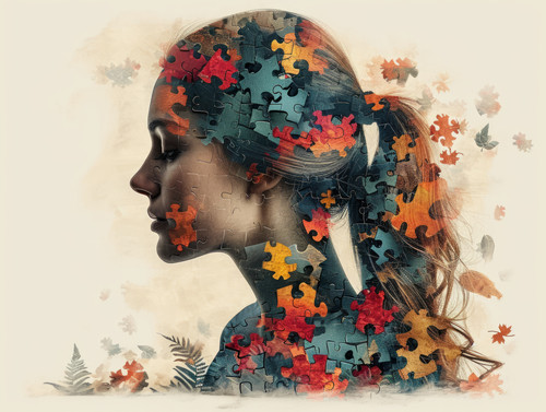pastel colors white background isolated Collapse of personality of woman consisting of puzzles and s.jpg