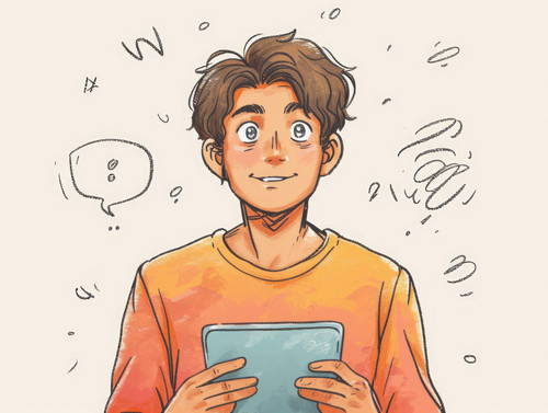 pastel colors white background isolated Confused man shocked by problem on tablet illustration ar 43.jpg