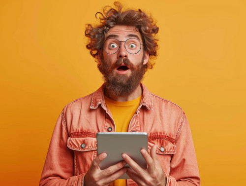 pastel colors white background isolated Confused man shocked by problem on tablet illustration ar 43.jpg