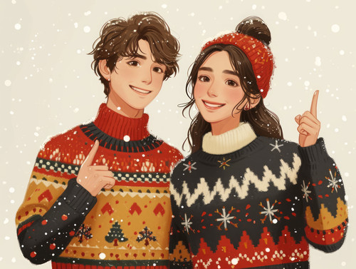 pastel colors white background isolated Couple in love is wearing christmas sweaters and smiling poi.jpg