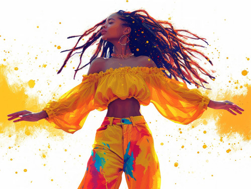 pastel colors white background isolated Dancing woman with african american appearance and long drea.jpg