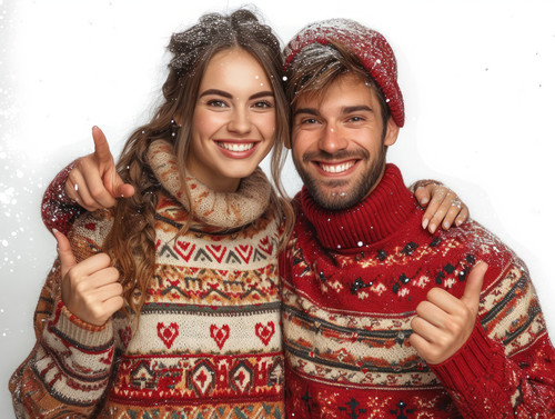 pastel colors white background isolated Couple in love is wearing christmas sweaters and smiling poi.jpg
