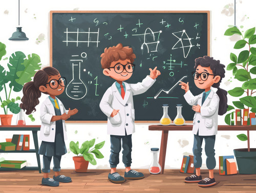 pastel colors white background isolated Crazy scientist points to formulas written on blackboard and.jpg