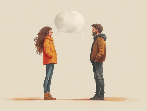 pastel colors white background isolated Dialogue of man and woman standing near speech bubble and di.jpg