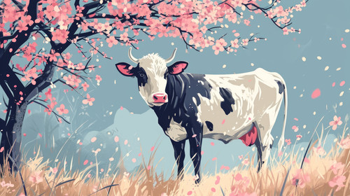 minimalistic less is more style of art illustration of cute cow in flower blossom atmosphere ar 169 .jpg