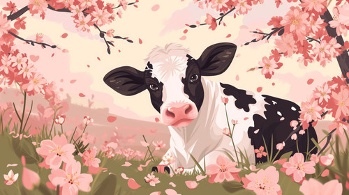 minimalistic less is more style of art illustration of cute cow in flower blossom atmosphere ar 169 .jpg