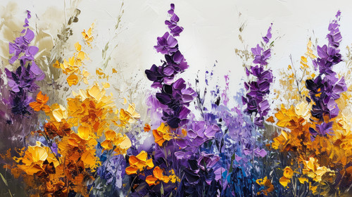 minimalistic less is more style of a painting of purple and yellow flowers painted on a canvas with .jpg