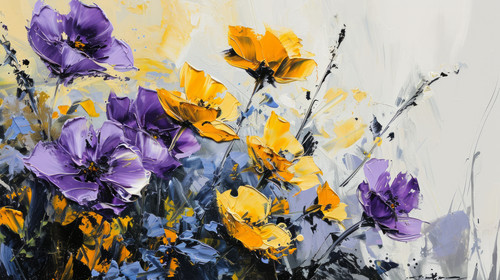 minimalistic less is more style of a painting of purple and yellow flowers painted on a canvas with .jpg