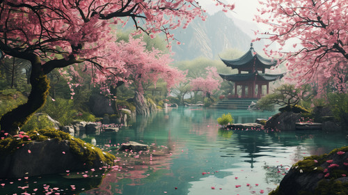 minimalistic less is more style of A scenic cherry blossom garden with a pagoda and a peaceful pond .jpg