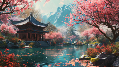 minimalistic less is more style of A scenic cherry blossom garden with a pagoda and a peaceful pond .jpg