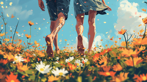 minimalistic less is more style of AI Generative Illustration of a couples feet walking barefoot on .jpg