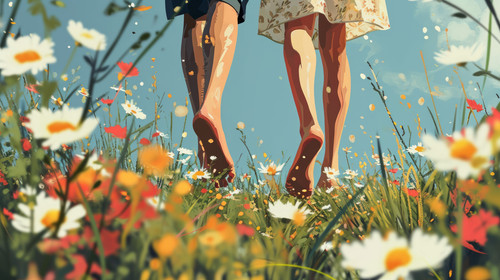 minimalistic less is more style of AI Generative Illustration of a couples feet walking barefoot on .jpg
