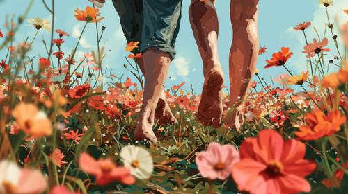 minimalistic less is more style of AI Generative Illustration of a couples feet walking barefoot on .jpg