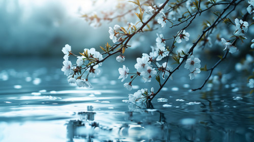 minimalistic less is more style of Beautiful floral branches over water and peaceful blue nature bac.jpg