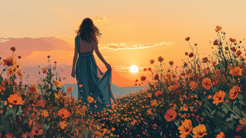 minimalistic less is more style of Back view of woman in long dress walking in flower field at sunse.jpg