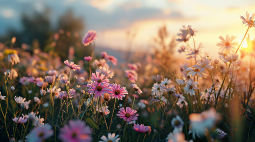 minimalistic less is more style of A meadow filled with pastel pink lilac white and yellow wild flow.jpg