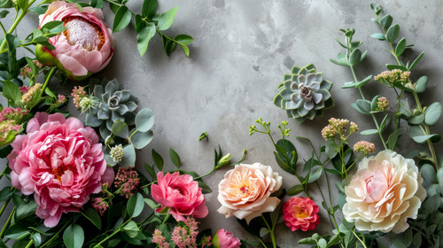 minimalistic less is more style of Beautiful Fresh Peony Rose Flowers With Succulents Background Cre.jpg