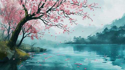 minimalistic less is more style of landscape with lake and trees in the spring nature with cherry bl.jpg