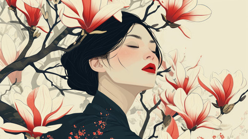 minimalistic less is more style of Japanese woman with Magnolia flowers ar 169 00173 00.jpg