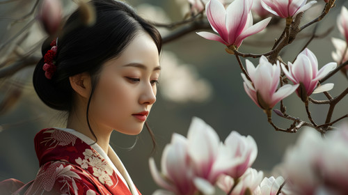 minimalistic less is more style of Japanese woman with Magnolia flowers ar 169 00173 02.jpg