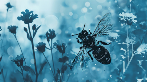 minimalistic less is more style of Blue Bee and flower icon isolated on blue background Sweet natura.jpg