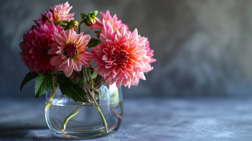 minimalistic less is more style of Glass of fresh Dahlias flowers in glass vase with water ar 169 00.jpg