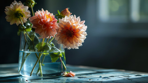 minimalistic less is more style of Glass of fresh Dahlias flowers in glass vase with water ar 169 00.jpg