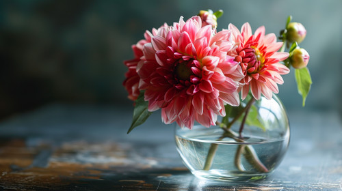 minimalistic less is more style of Glass of fresh Dahlias flowers in glass vase with water ar 169 00.jpg
