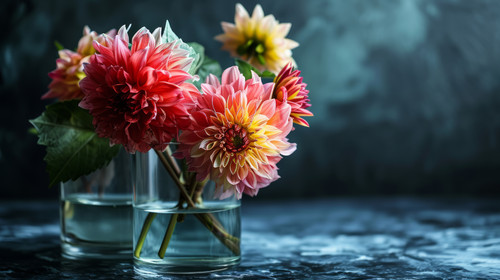 minimalistic less is more style of Glass of fresh Dahlias flowers in glass vase with water ar 169 00.jpg