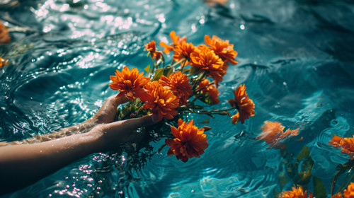 minimalistic less is more style of High angle of crop anonymous person holding orange flowers in blu.jpg