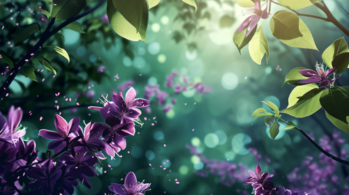 minimalistic less is more style of Green mystery spring background with magic purple blurred flower .jpg