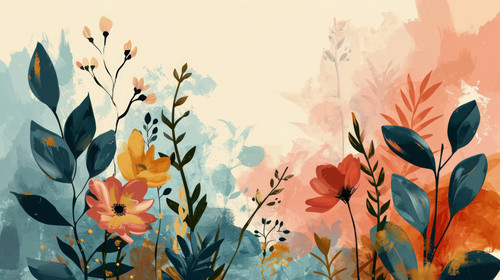 minimalistic less is more style of Hand drawn floral frame with flowers branches and leaves on color.jpg