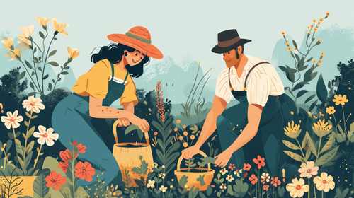 minimalistic less is more style of Couple takes care of flowers in garden Man and woman working toge.jpg